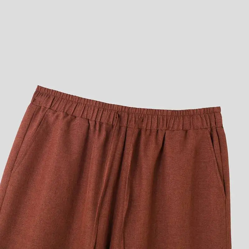 Midweight Solid Color Drawstring Regular-Fit Straight Loose Full-Length Pants
