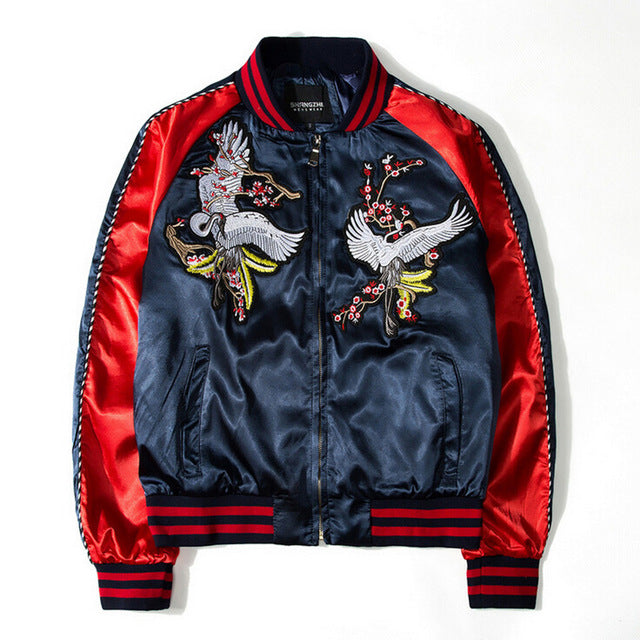 Stylish Harajuku Sukajan with White Phoenix Floral Embroidery