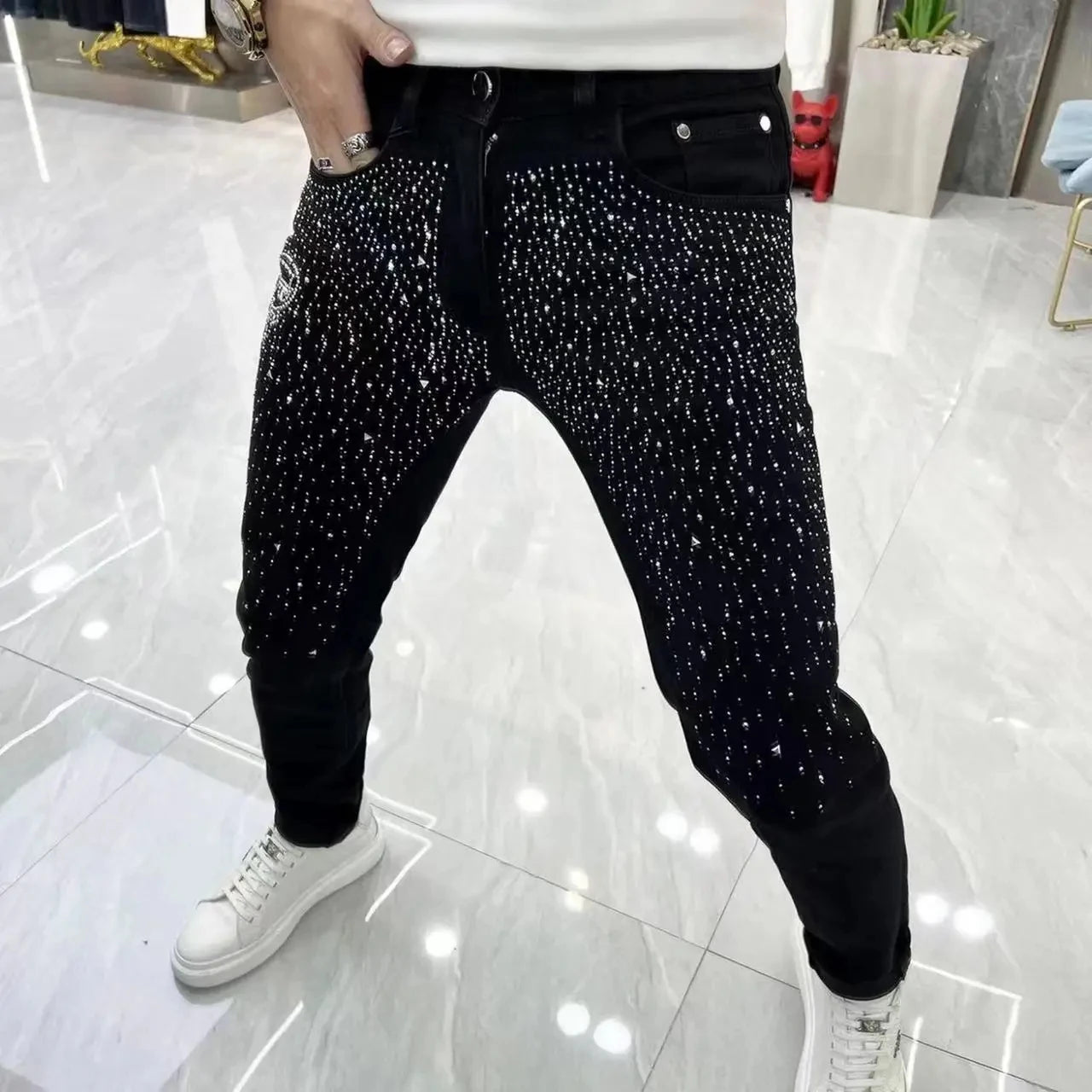 Stylish Solid Black Rhinestone Accented Slim-Fit Jeans for All Occasions