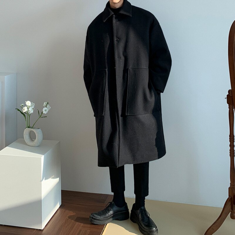 Stylish Knee - length Solid - colored Big Pocket Loose - fitting Woolen Winter Coat