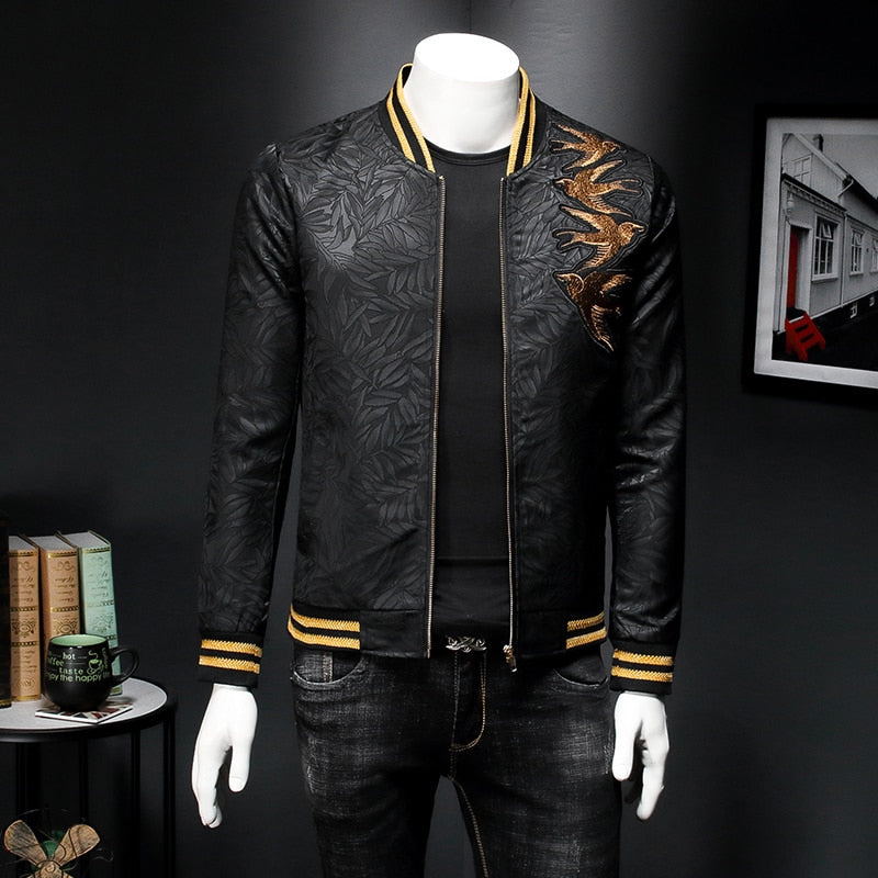 Men's Spring Gold Embroidery Print Slim-Fit Dark Bomber Jacket