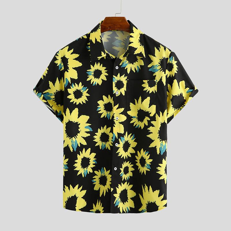 Stylish Hawaiian Sunflower Print Short-Sleeved Men's Polyester Shirt