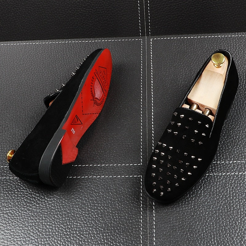 Men's Solid Black Riveted Punk-Style Casual Loafers Shoes