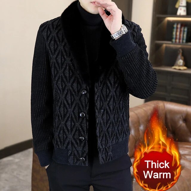 Stylish Geometric Print Woolen Fur Flip Collar Casual Jacket