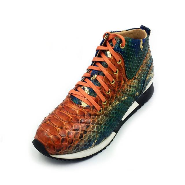 Men's High Top Lace-Up Sneakers with Colorful Snake Print Full Grain Leather
