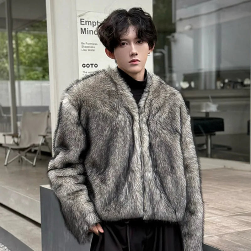 High - quality Solid Color V - neck Faux Fur Jacket for Stylish Look
