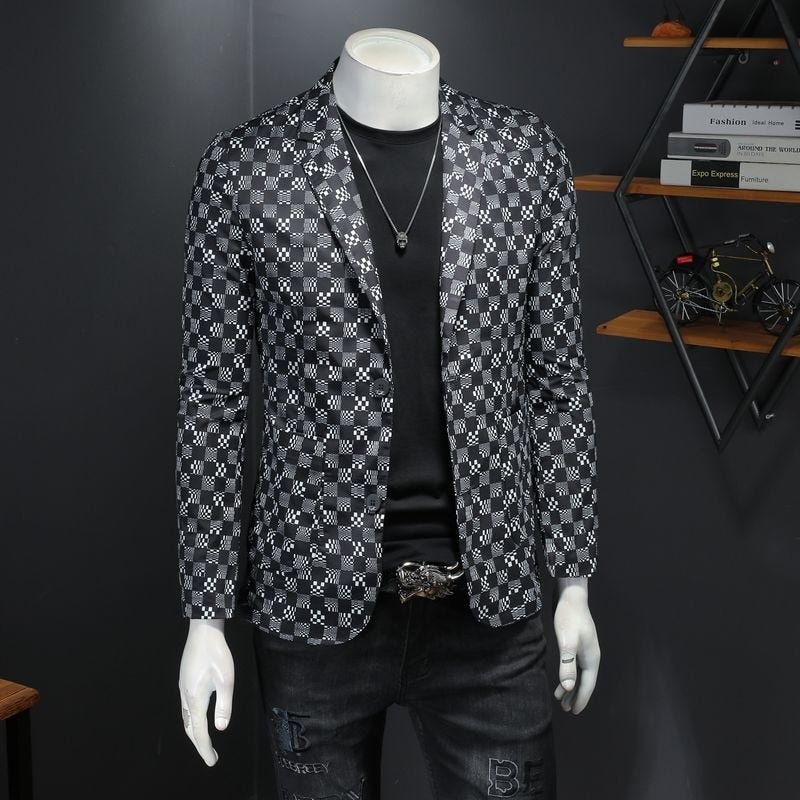 Stylish Grey Checkered Technology Plaid Printed Men's Blazer for Spring and Autumn