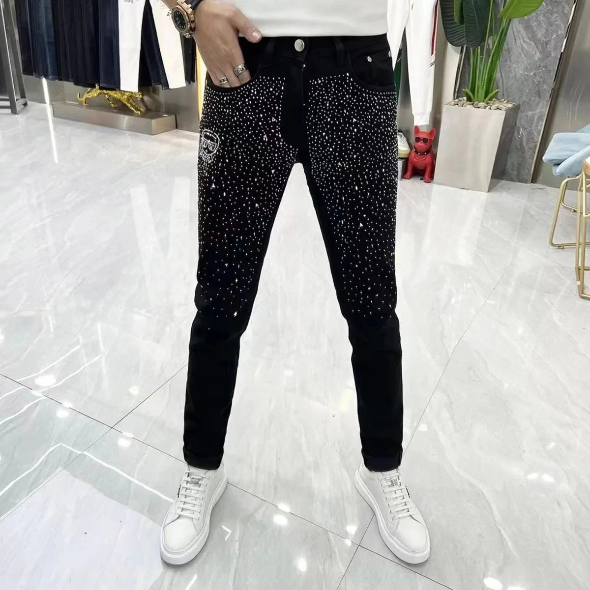 Stylish Solid Black Rhinestone Accented Slim-Fit Jeans for All Occasions