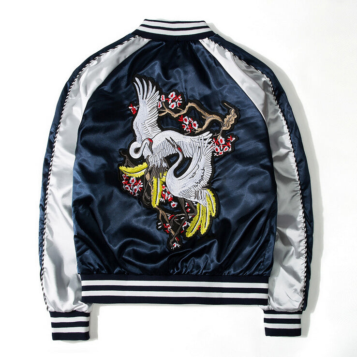 Stylish Harajuku Sukajan with White Phoenix Floral Embroidery