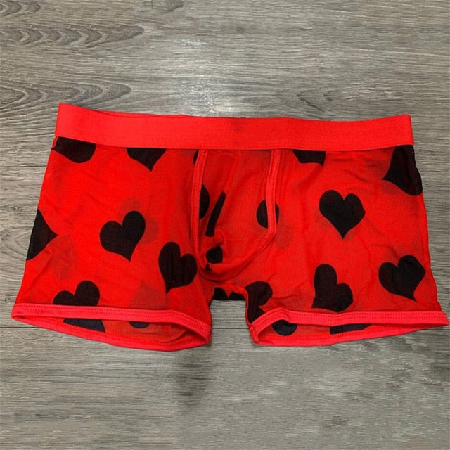 Stylish Heart-Printed Transparent Mesh Boxer Shorts for Active Men