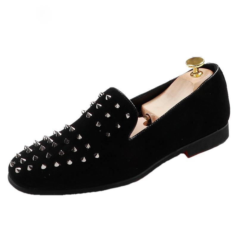 Men's Solid Black Riveted Punk-Style Casual Loafers Shoes