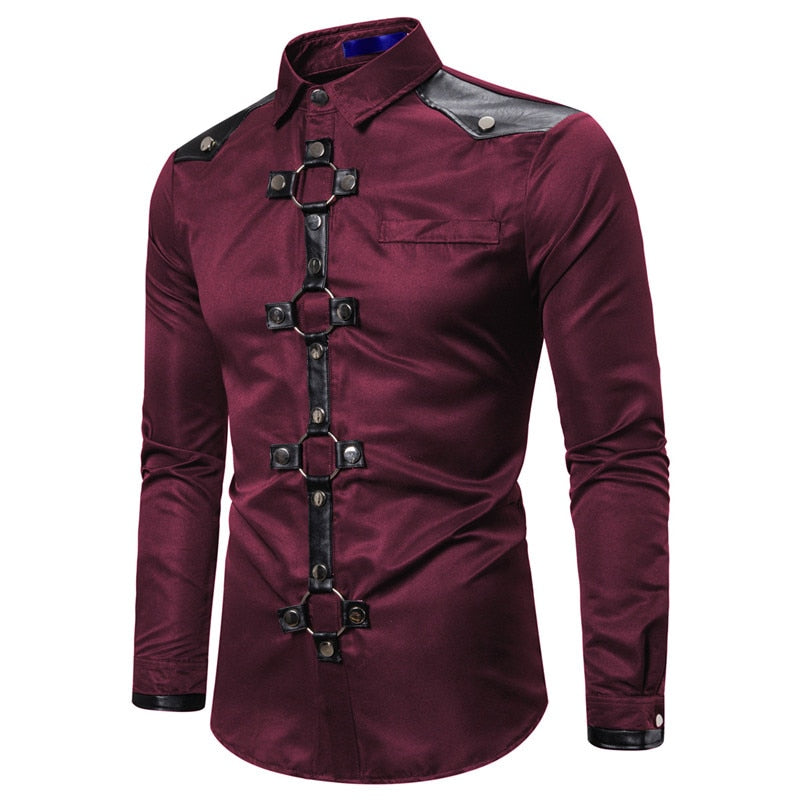 Men's Gothic Style Long Sleeve Slim Fit Cotton-Polyester Shirt with Rock Buckle Buttons