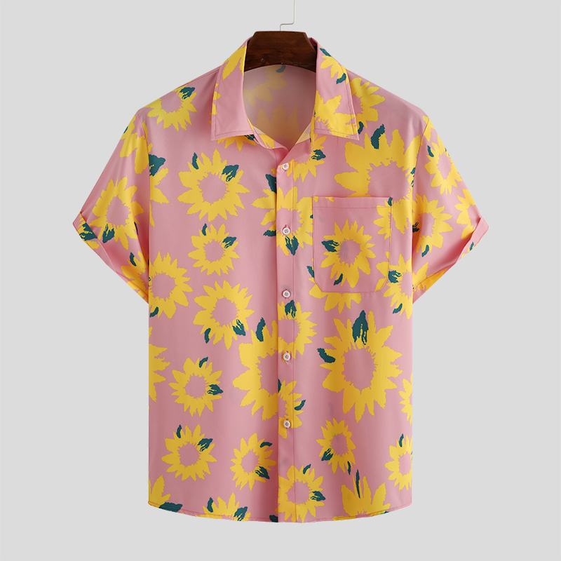 Stylish Hawaiian Sunflower Print Short-Sleeved Men's Polyester Shirt