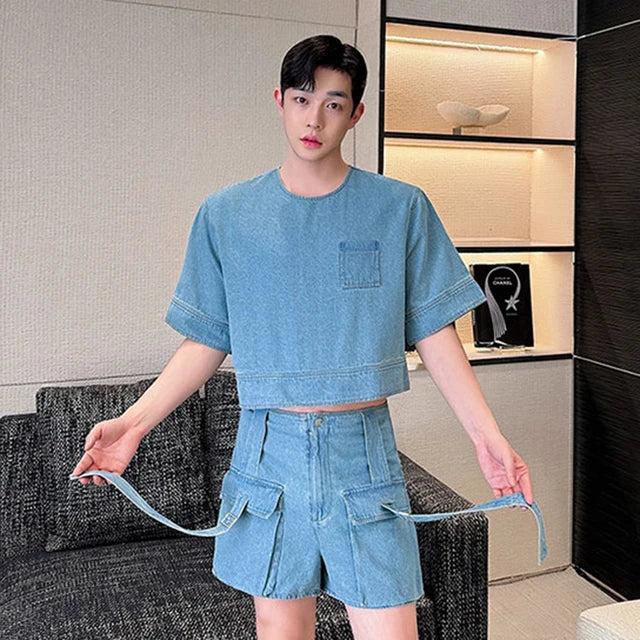 Comfortable Solid Polyester Casual Denim Cargo Short Set for All Occasions