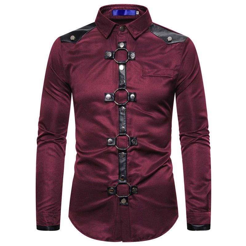 Men's Gothic Style Long Sleeve Slim Fit Cotton-Polyester Shirt with Rock Buckle Buttons