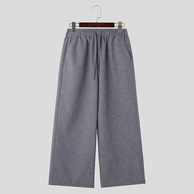 Midweight Solid Color Drawstring Regular-Fit Straight Loose Full-Length Pants