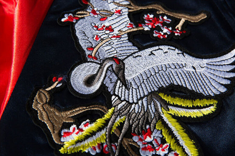 Stylish Harajuku Sukajan with White Phoenix Floral Embroidery
