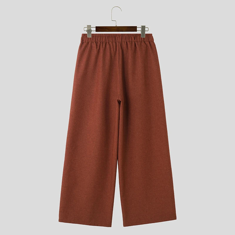 Midweight Solid Color Drawstring Regular-Fit Straight Loose Full-Length Pants