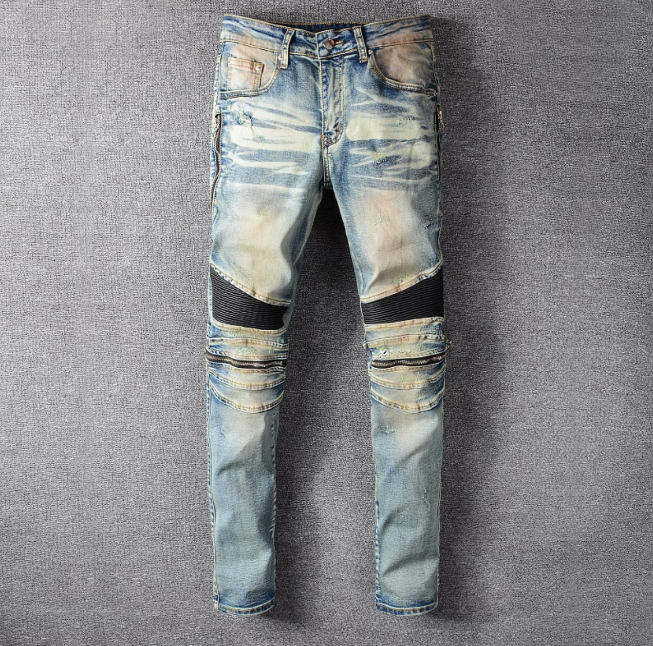Stylish Grey Pleated Biker-Inspired Patchwork Denim Jeans for Fashion - Forward Individuals
