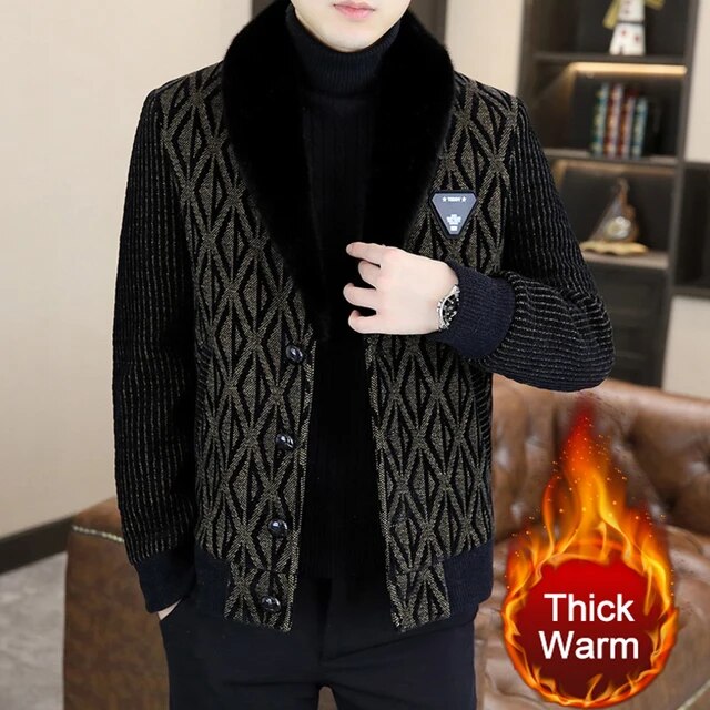 Stylish Geometric Print Woolen Fur Flip Collar Casual Jacket