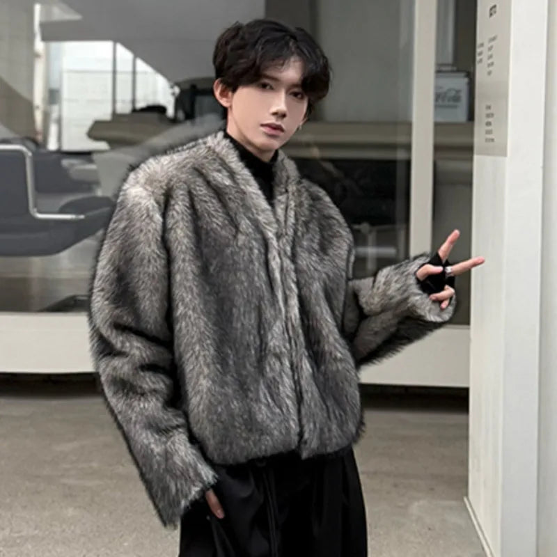 High - quality Solid Color V - neck Faux Fur Jacket for Stylish Look