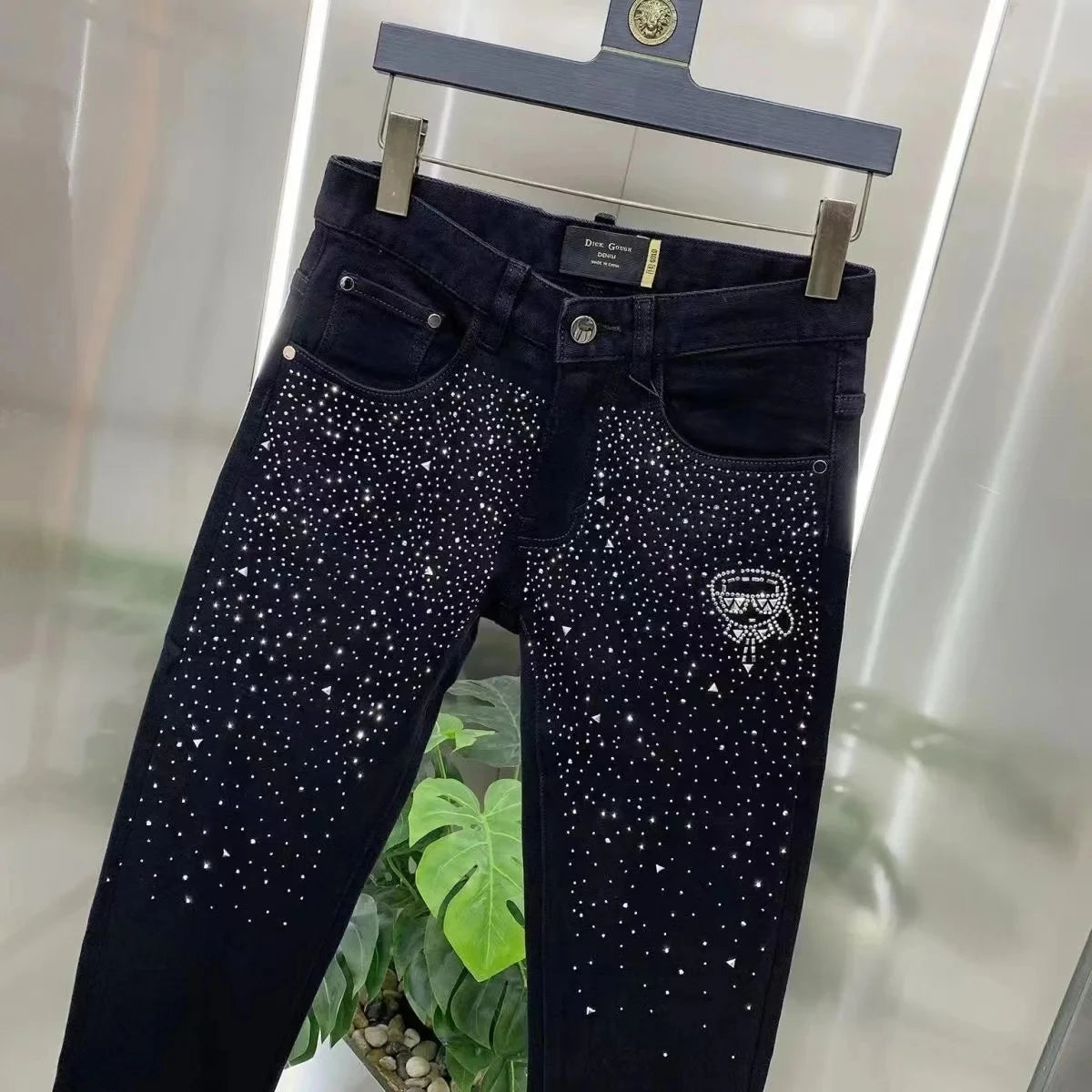 Stylish Solid Black Rhinestone Accented Slim-Fit Jeans for All Occasions