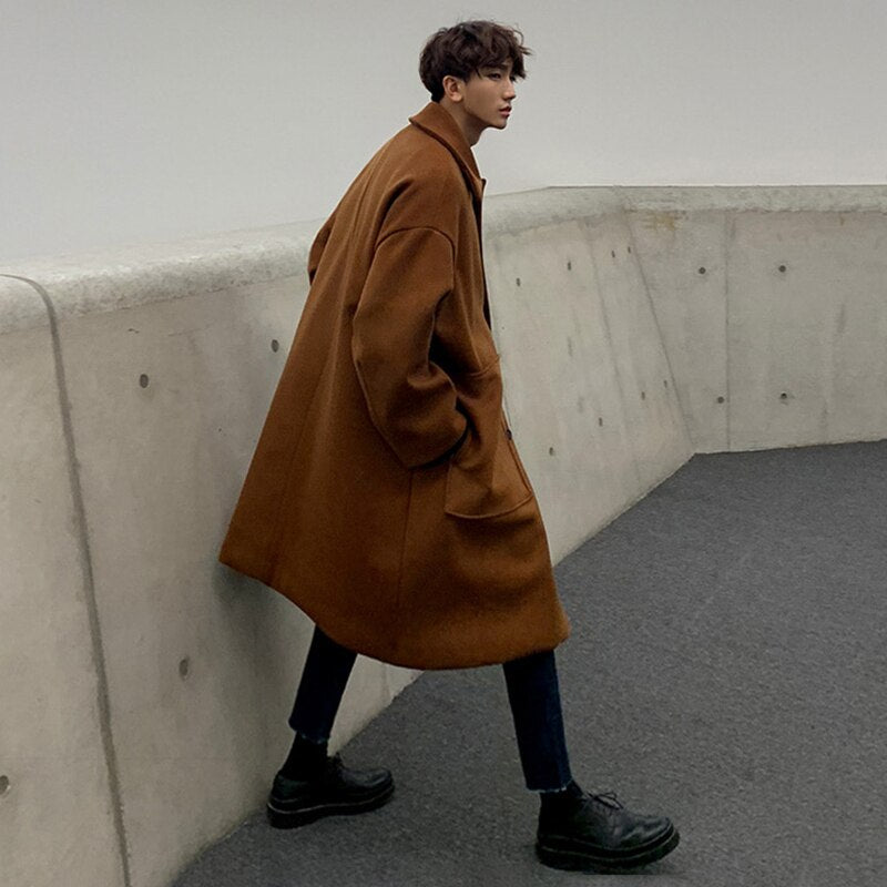 Stylish Knee - length Solid - colored Big Pocket Loose - fitting Woolen Winter Coat