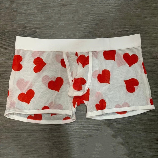 Stylish Heart-Printed Transparent Mesh Boxer Shorts for Active Men