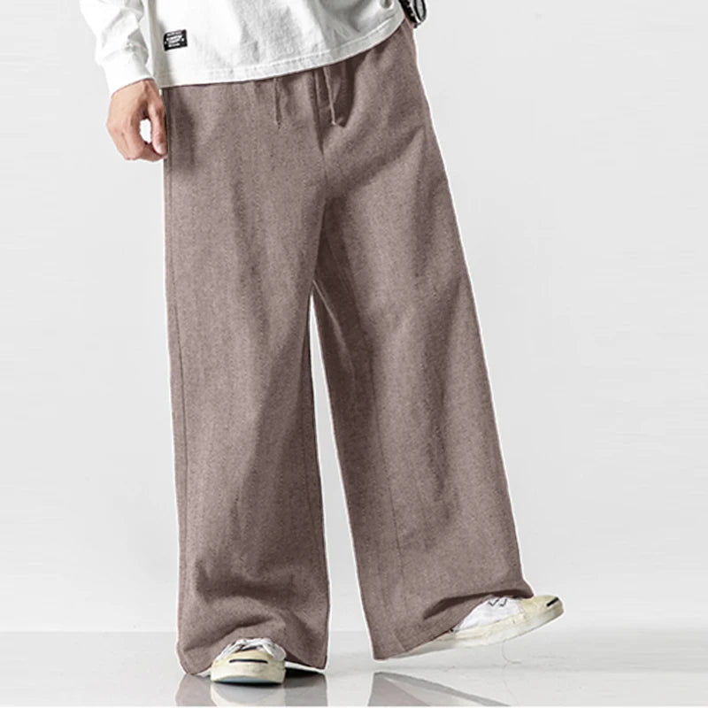 Midweight Solid Color Drawstring Regular-Fit Straight Loose Full-Length Pants