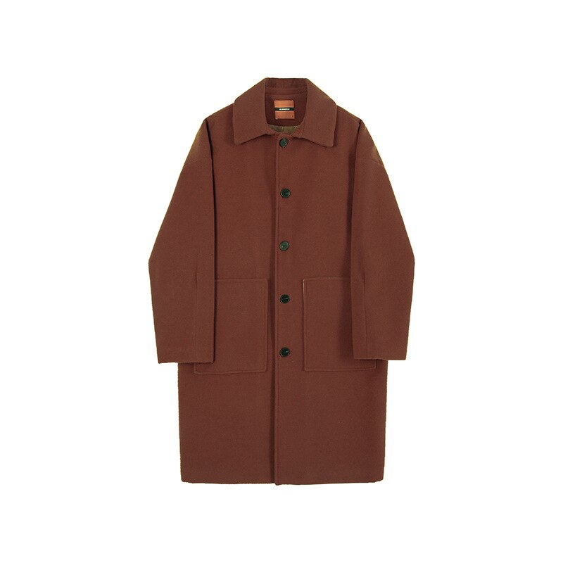 Stylish Knee - length Solid - colored Big Pocket Loose - fitting Woolen Winter Coat