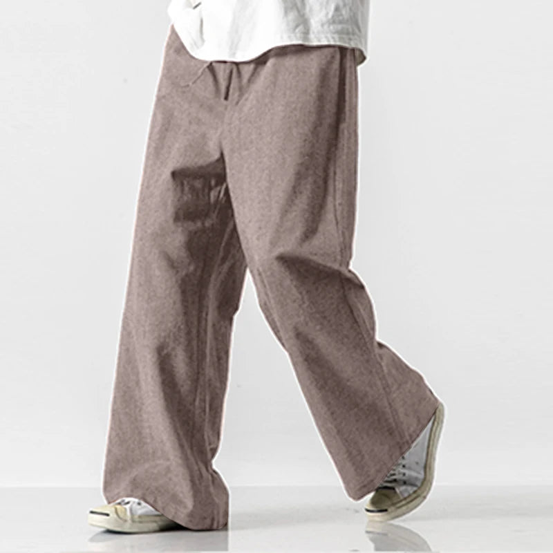 Midweight Solid Color Drawstring Regular-Fit Straight Loose Full-Length Pants
