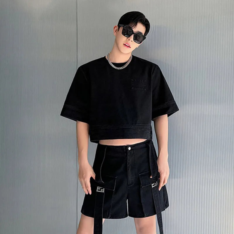 Comfortable Solid Polyester Casual Denim Cargo Short Set for All Occasions