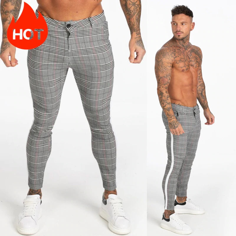 Men's Grey Plaid Side Striped Slim Fit and Skinny Style Casual Cotton Pants