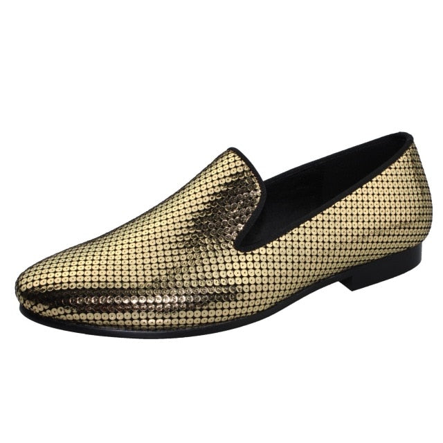 Men's Gold Sequin Pattern Slip-On Loafer Shoes for Spring/Autumn