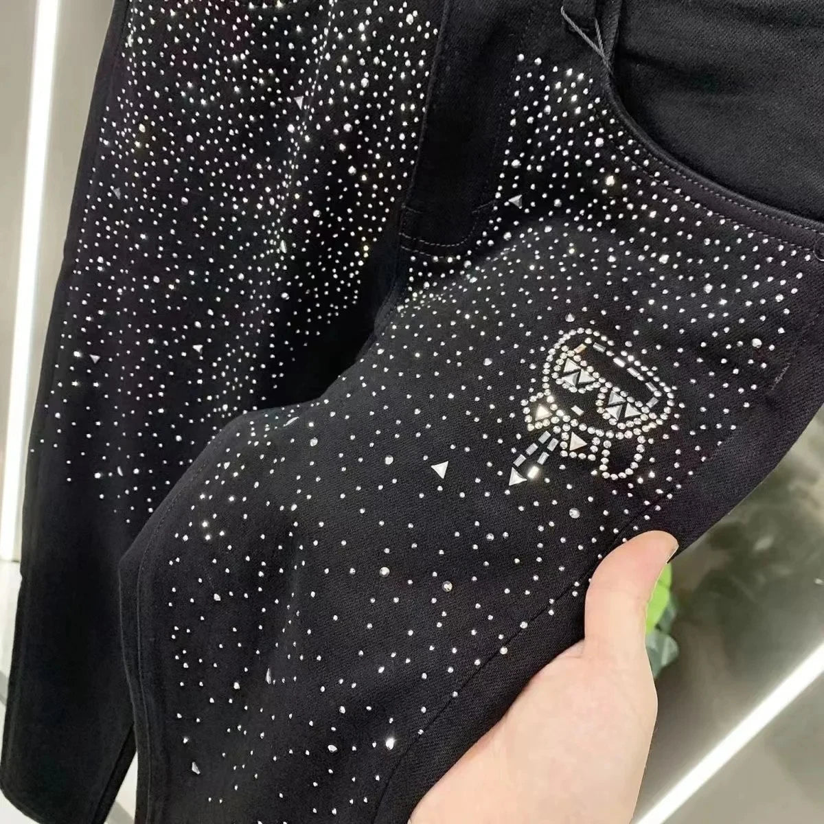 Stylish Solid Black Rhinestone Accented Slim-Fit Jeans for All Occasions