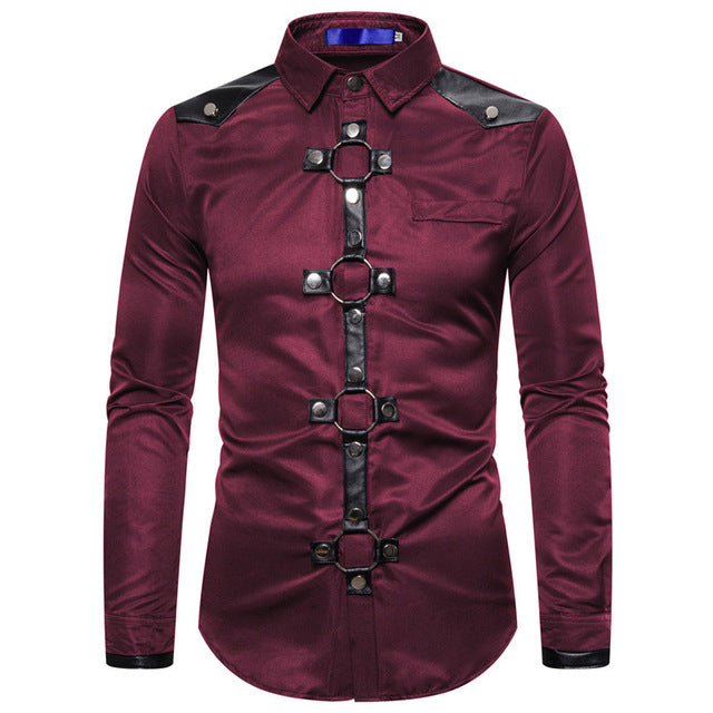 Men's Gothic Style Long Sleeve Slim Fit Cotton-Polyester Shirt with Rock Buckle Buttons