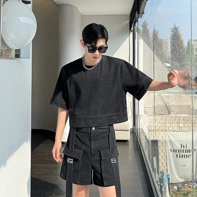 Comfortable Solid Polyester Casual Denim Cargo Short Set for All Occasions