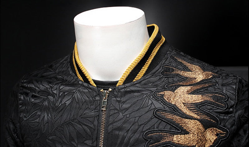 Men's Spring Gold Embroidery Print Slim-Fit Dark Bomber Jacket