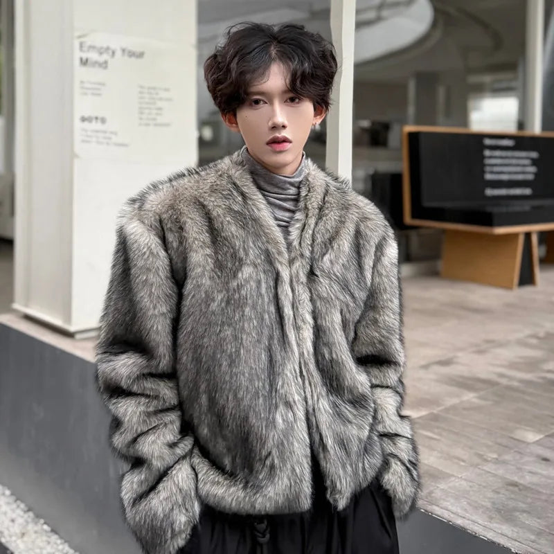 High - quality Solid Color V - neck Faux Fur Jacket for Stylish Look