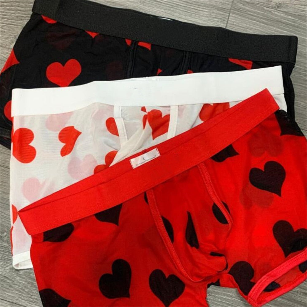 Stylish Heart-Printed Transparent Mesh Boxer Shorts for Active Men