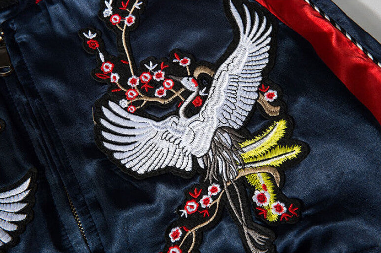 Stylish Harajuku Sukajan with White Phoenix Floral Embroidery