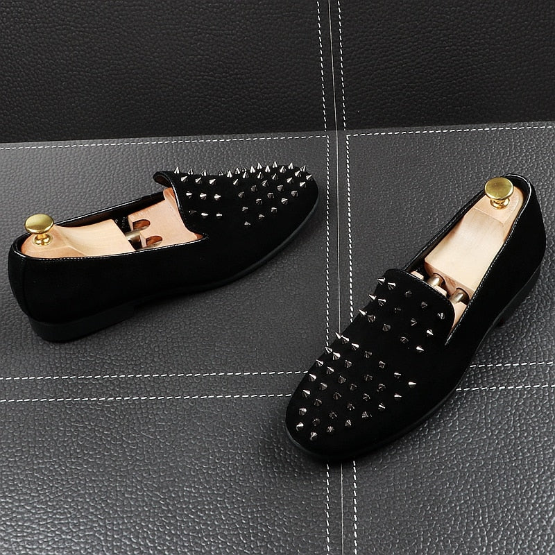 Men's Solid Black Riveted Punk-Style Casual Loafers Shoes