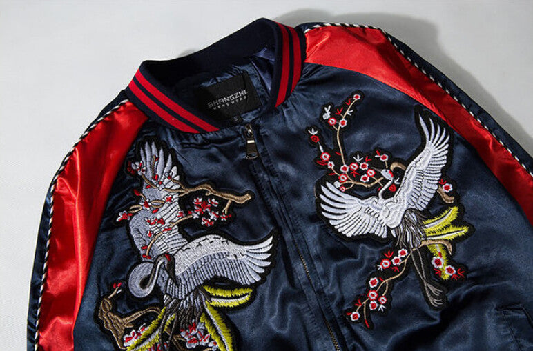 Stylish Harajuku Sukajan with White Phoenix Floral Embroidery