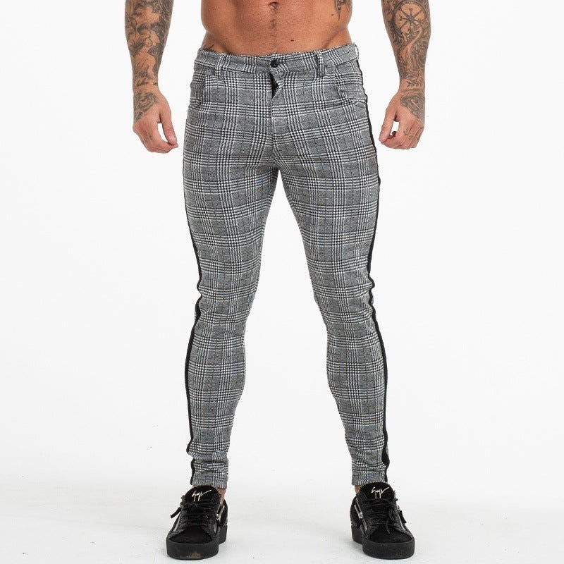 Men's Grey Plaid Side Striped Slim Fit and Skinny Style Casual Cotton Pants