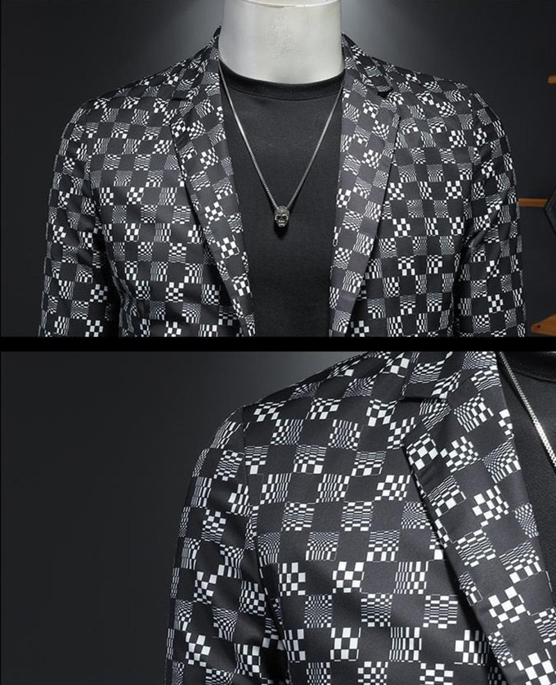 Stylish Grey Checkered Technology Plaid Printed Men's Blazer for Spring and Autumn