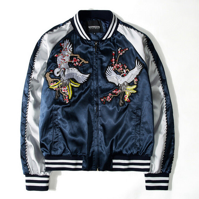 Stylish Harajuku Sukajan with White Phoenix Floral Embroidery