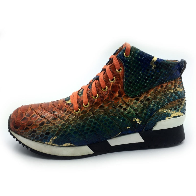 Men's High Top Lace-Up Sneakers with Colorful Snake Print Full Grain Leather