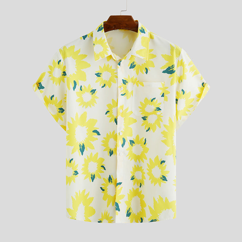 Stylish Hawaiian Sunflower Print Short-Sleeved Men's Polyester Shirt