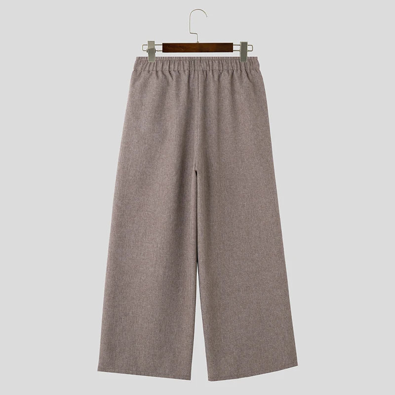 Midweight Solid Color Drawstring Regular-Fit Straight Loose Full-Length Pants