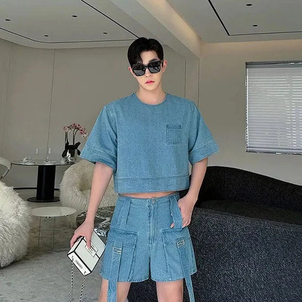 Comfortable Solid Polyester Casual Denim Cargo Short Set for All Occasions